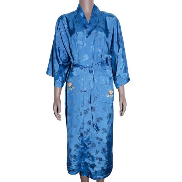 Vintage Embroidered Kimono Robe Floral Tie Waist Boho Loungewear - Picture 3 of 5